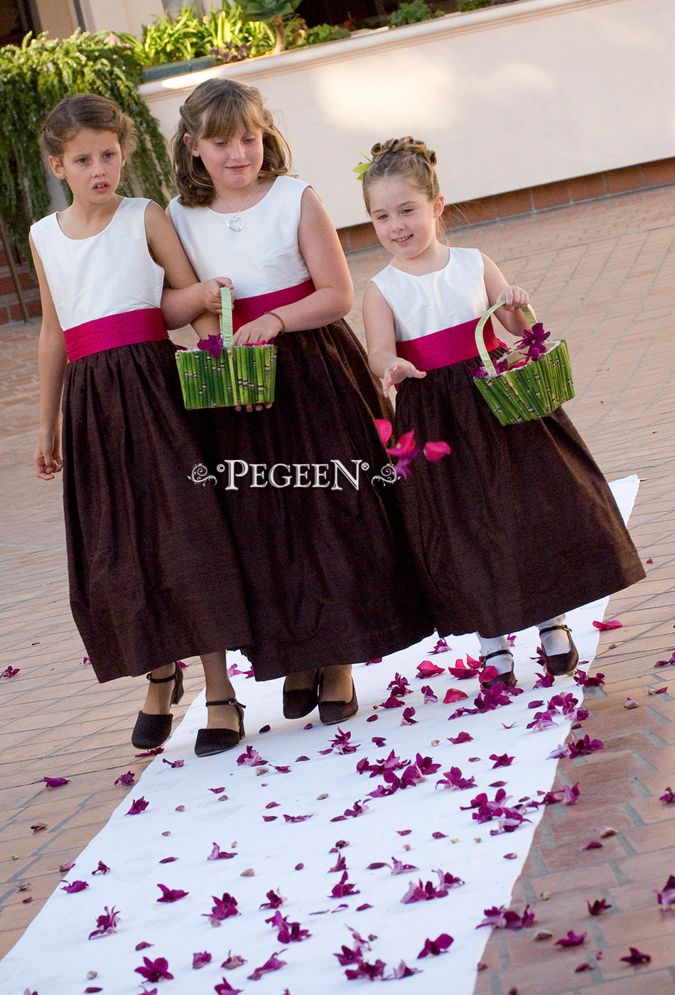 Raspberry and Chocolate Brown silk flower girl dress