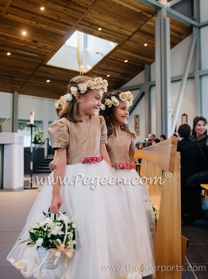 Flower Girl Dress trimmed with peach, Tuscan and ivory petals and silk bodice in special Tuscan colored silk. Pegeen Classics Style 331