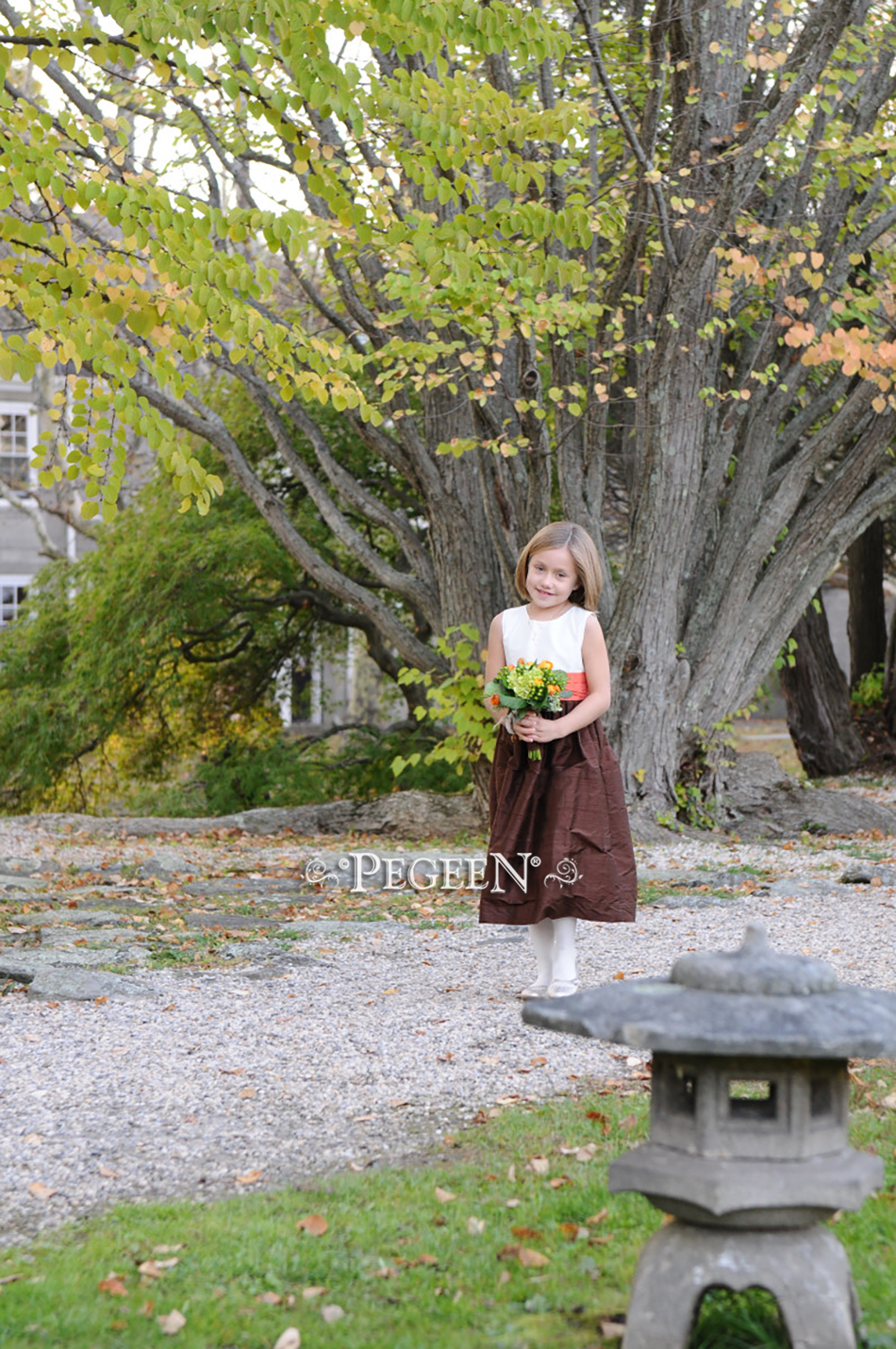 Chocolate brown and orange silk flower girl dress