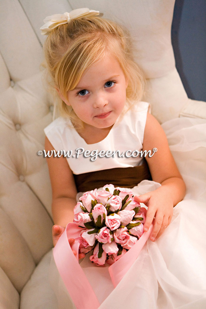 New Ivory and Chocolate Brown silk flower girl dress