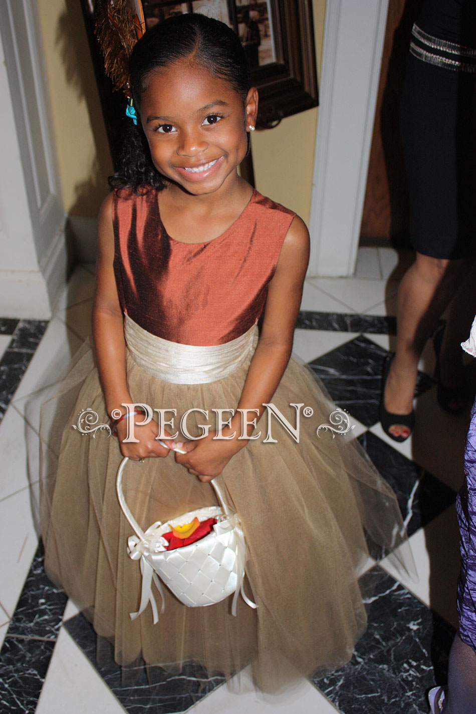 Copper and bisque silk and tulle flower girl dress