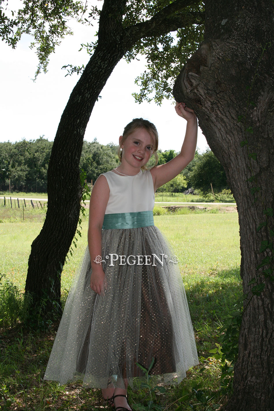 Tiffany Blue and Chocolate Brown tulle flower girl dress