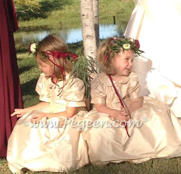Custom silk flower girl dresses by Pegeen.com in Toffee  l Style 318 with puff sleeves and peter pan collar