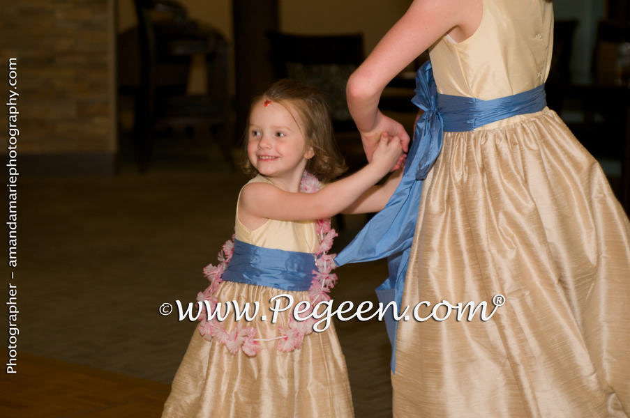 Flower Girl Dresses in in Buttercreme, Wheat and Blue Moon