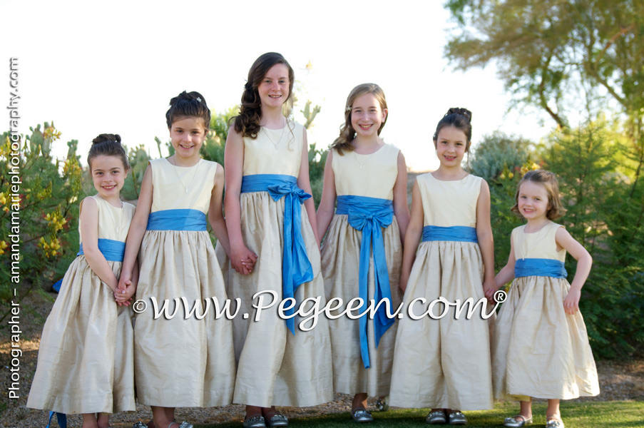 Flower Girl Dresses in in Buttercreme, Wheat and Blue Moon