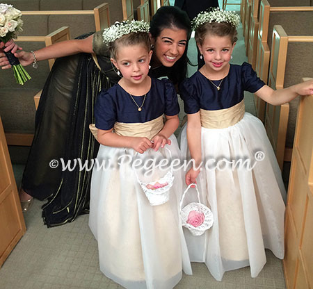 Navy. Pure Gold & New Ivory Silk Flower Girl Dresses - Style 326