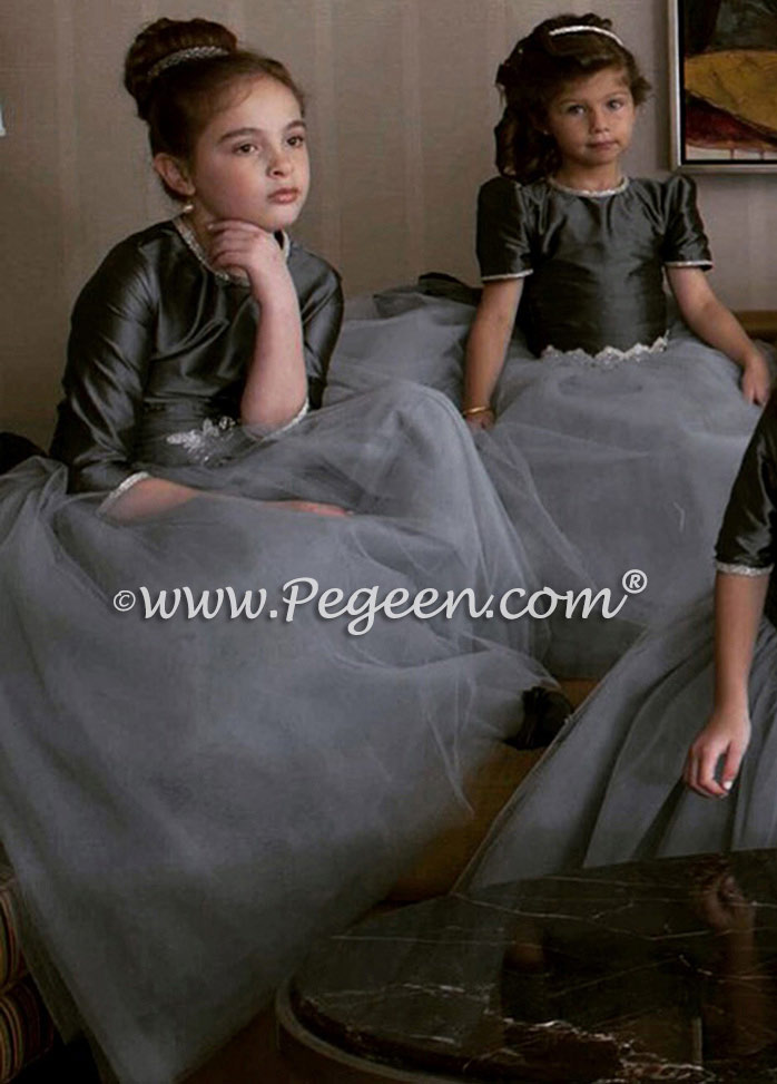 Flower Girl Dresses in Medium Gray with Light Gray Silk and Rhinestone Trim