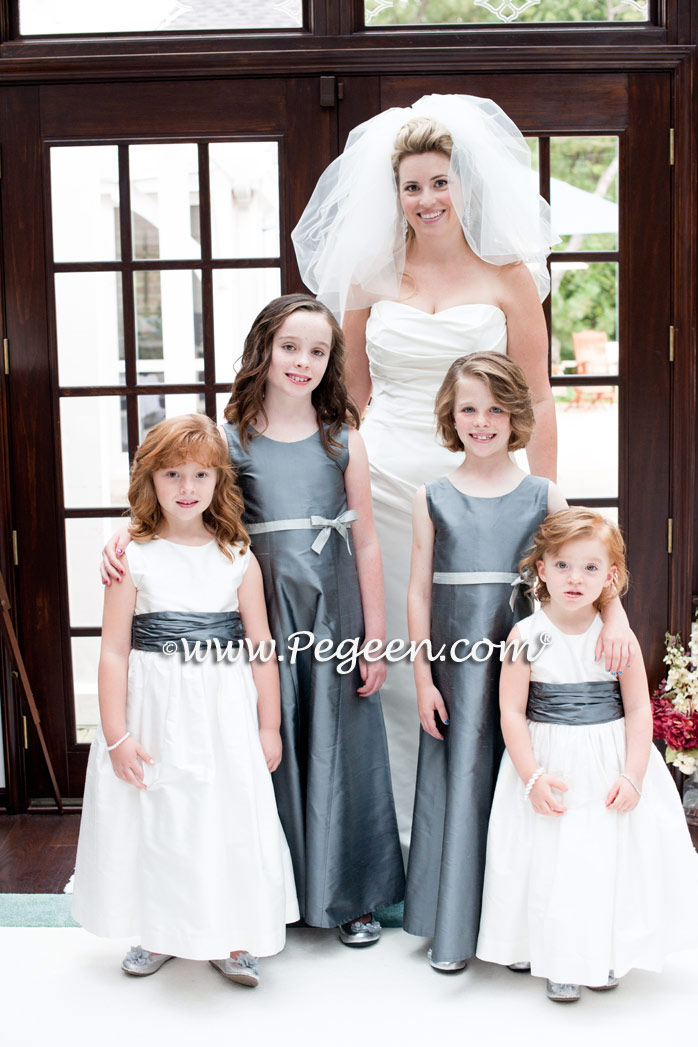 Jr Bridesmaids style 305 and Flower Girl Dresses style 388 in Morning Gray and New Ivory