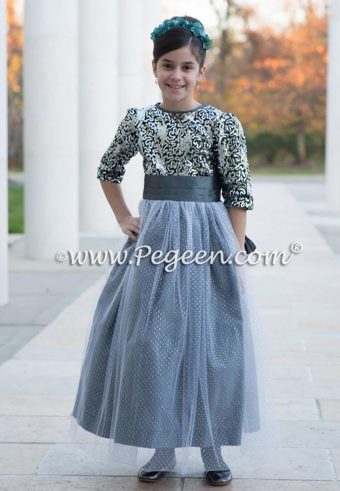 Silver Gray and Sequined Flower Girl Dress in tulle and silk with metallic flakes | Pegeen