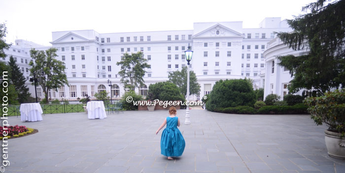 Peacock (teal) Teal and Apple Green flower girl dresses