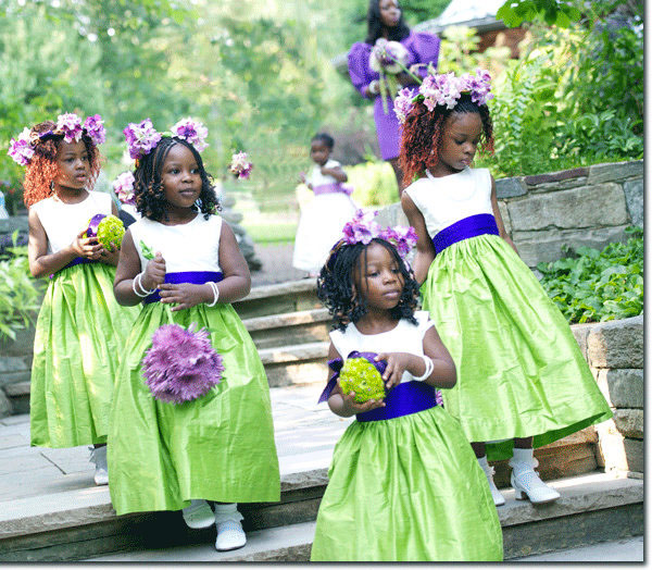 Flower Girl Dresses in keylime and royal purple