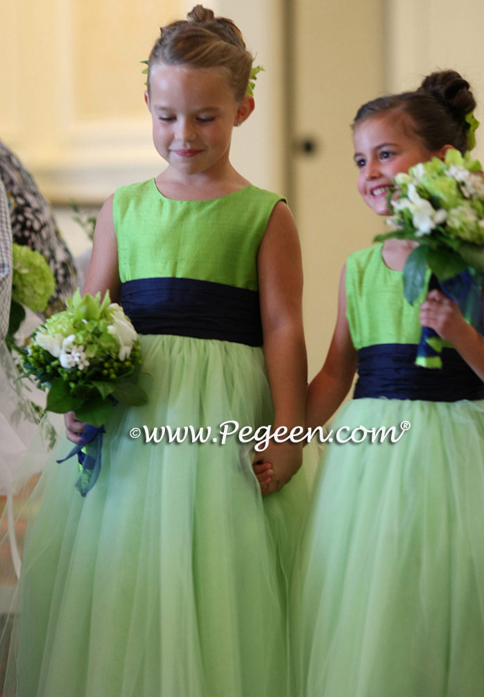 Apple green and navy silk flower girl dress