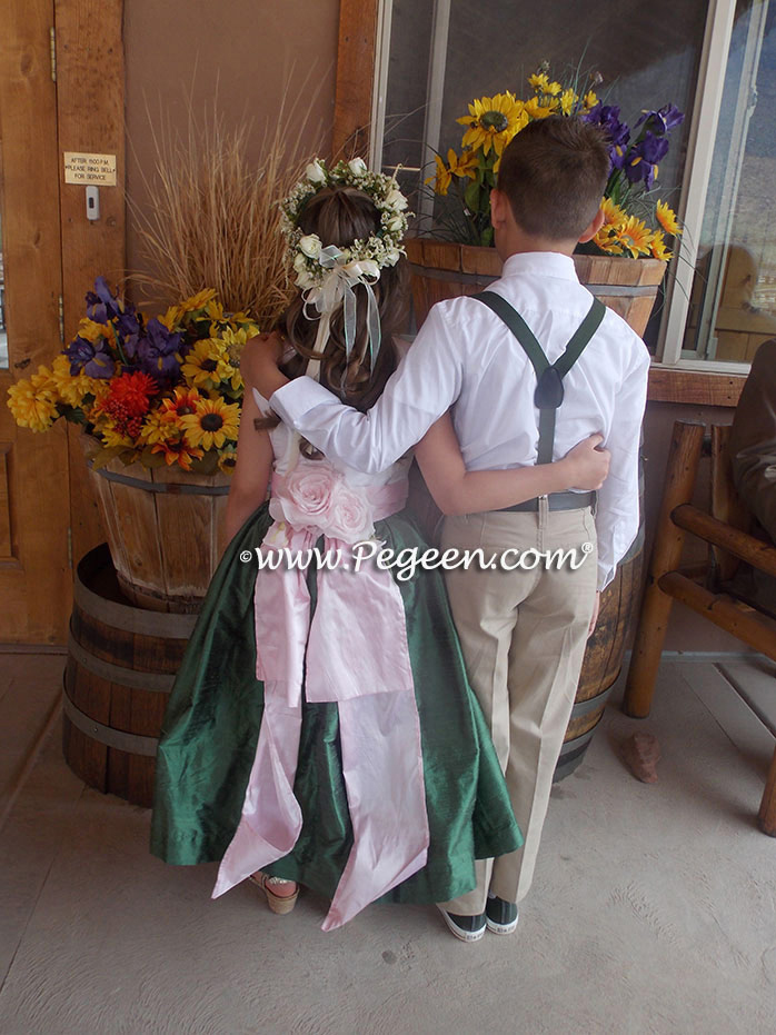 Flower Girl Dresses in basil green and petal pink Style 383