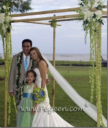 Spring green and key lime and adriatic teal tulle and Silk flower girl dresses