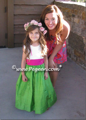 Emerald Green and Shock Pink Silk flower girl dresses