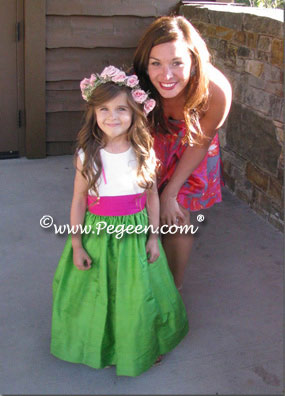 Emerald green and hot pink silk flower girl dress