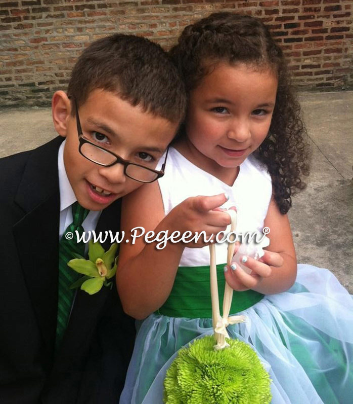 Custom Flower Girl Dresses in Emerald Green and Antique White Pegeen Classic 309