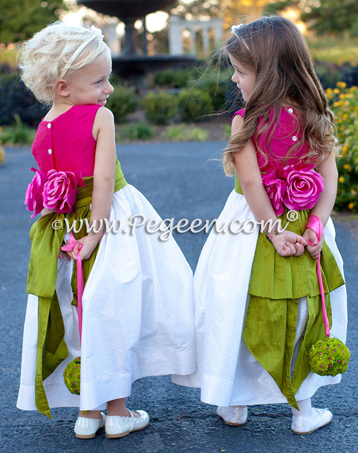 Flower Girl Dresses in raspberry and grass green