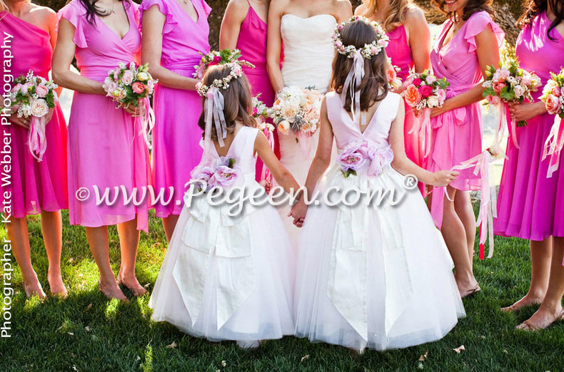 Flower girl dresses 402 in antique white and peony pink tulle and silk 