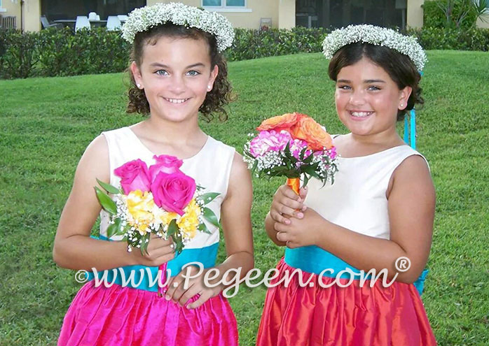 Flower Girl Dresses in mango, shock and turquoise