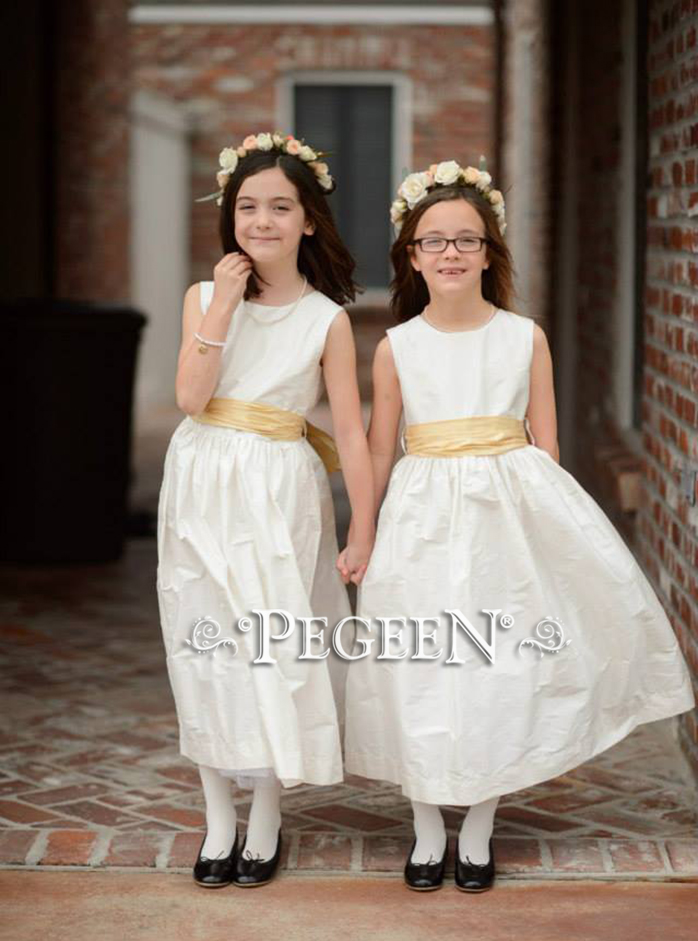 Flower Girl dresses in new ivory silk with spun gold sash Style 300 by Pegeen