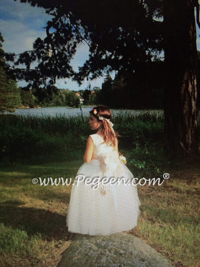 Ivory Flower Girl Dresses with champagne signature bustle