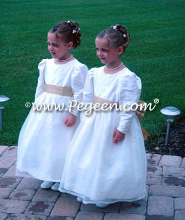 White and Gold Flower girl dresses with long sleeves | Pegeen Style 394