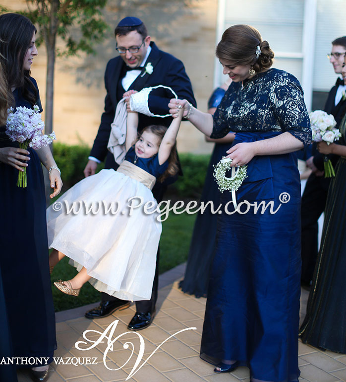 Flower Girl Dresses in Navy Blue and creme silk