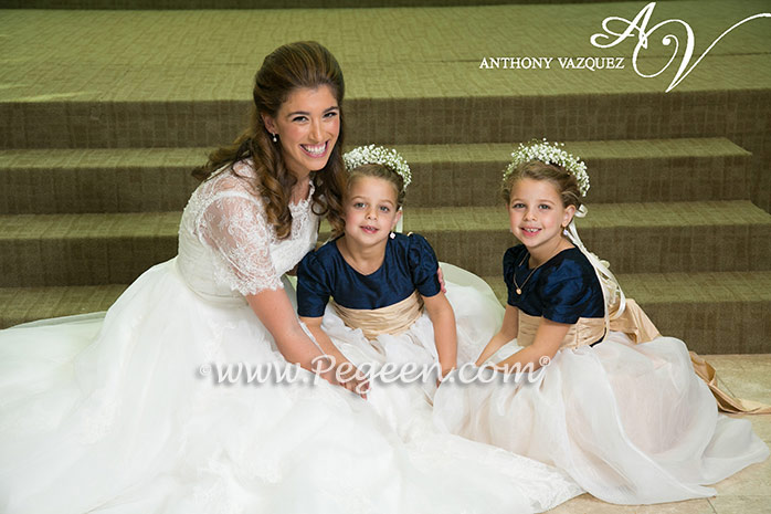 Flower Girl Dresses in Navy Blue and creme silk