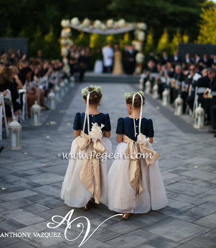 Flower Girl Dresses in Navy Blue and creme silk