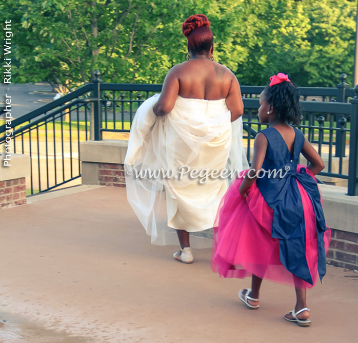 Custom Flower Girl Dresses Style 402 in Shock (Hot) Pink silk with a Navy Blue Cinderella sash and Hot Pink Tulle in Shock (Hot) Pink
