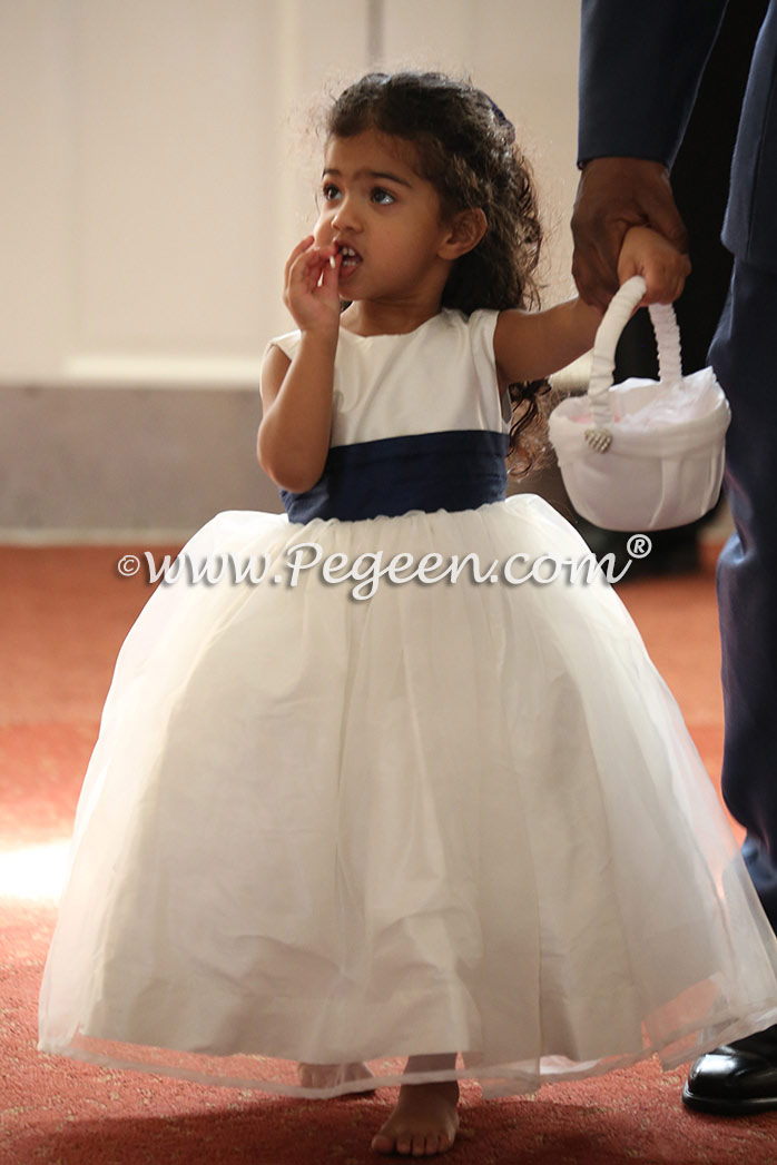 Navy and ivory silk and organza flower girl dress