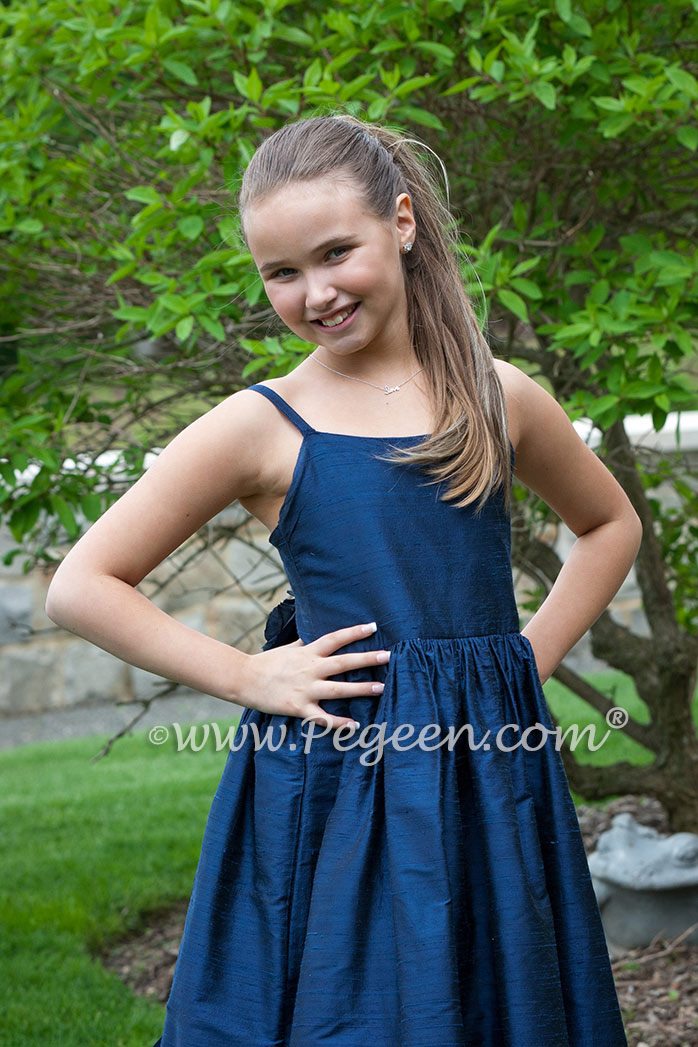 Silk Flower Girl Dresses of the Month in Navy for a Jr. Bridesmaid and Toddler