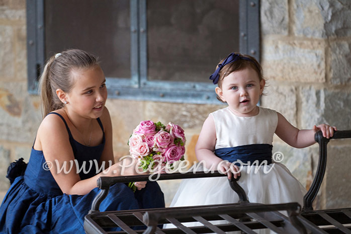 Silk Flower Girl Dresses of the Month in Navy for a Jr. Bridesmaid and Toddler