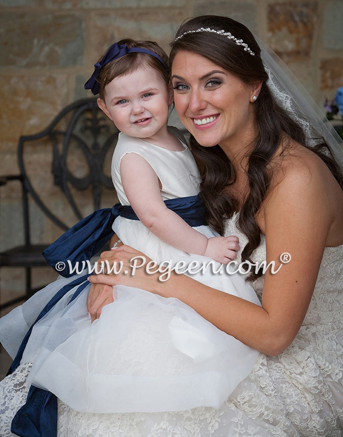 Bisque and Navy tulle flower girl dresses from Pegeen Classics