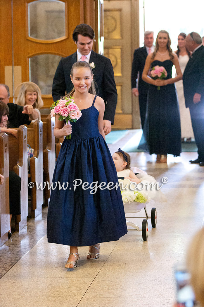 Silk Flower Girl Dresses of the Month in Navy for a Jr. Bridesmaid and Toddler