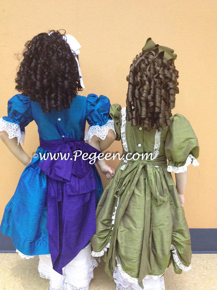 Nutcracker Party Scene Dresses, Left 745 in Malibu and Royal Purple and 397 on Right in Olive Green