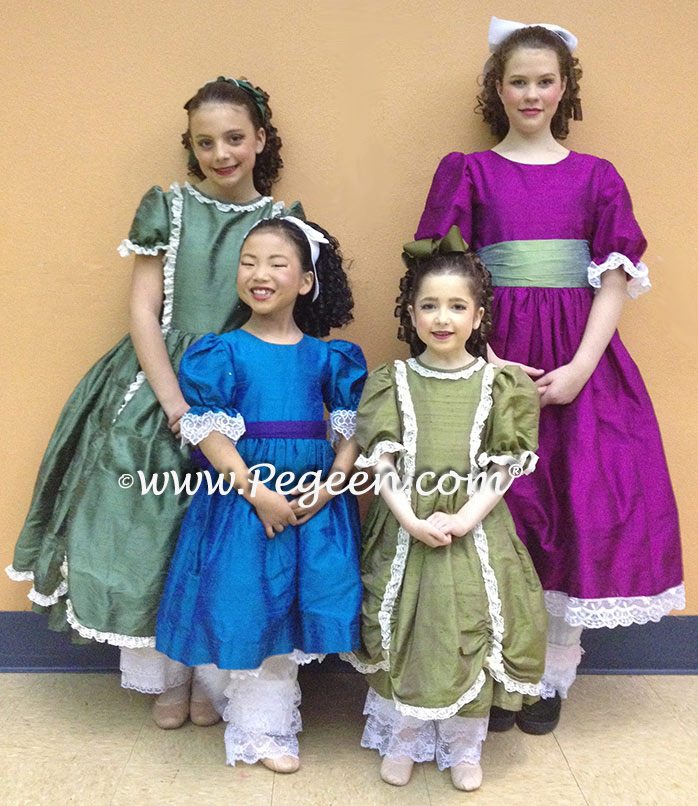 Nutcracker Party Scene Dresses, BACK ROW: Left 397 in Basil Green and Right in Boysenberry with Wintergreen Sash - details style 39