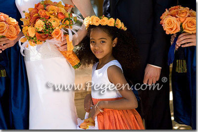 Flower Girl Dresses in Orange and Antique White silk with pearls