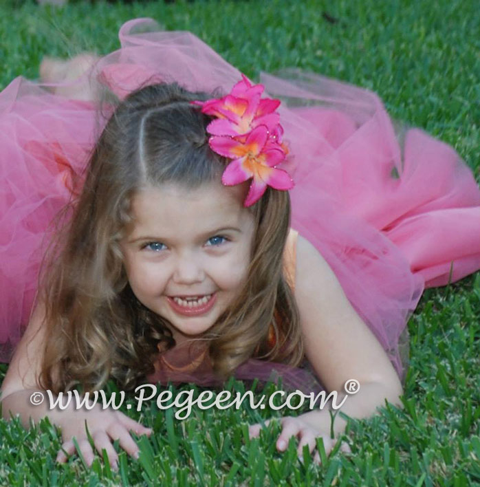 Tulle flower girl dresses in mango orange and coral pink