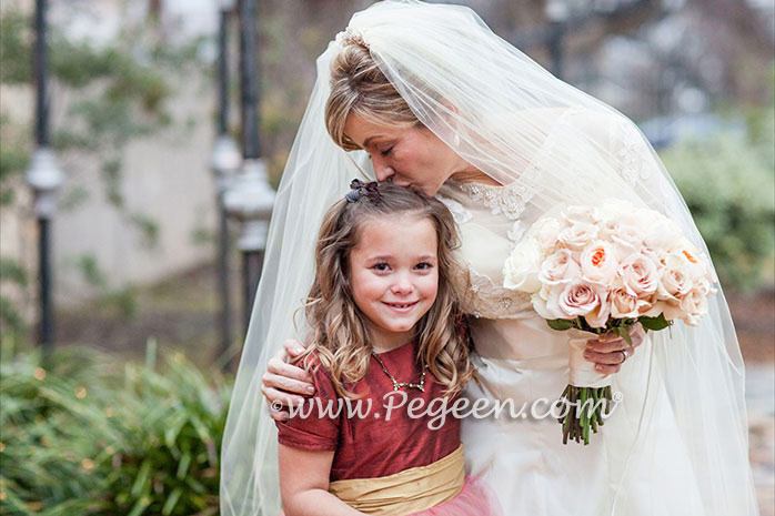Mountain Fall Silk & Tulle with Spun Gold sash flower girl dress