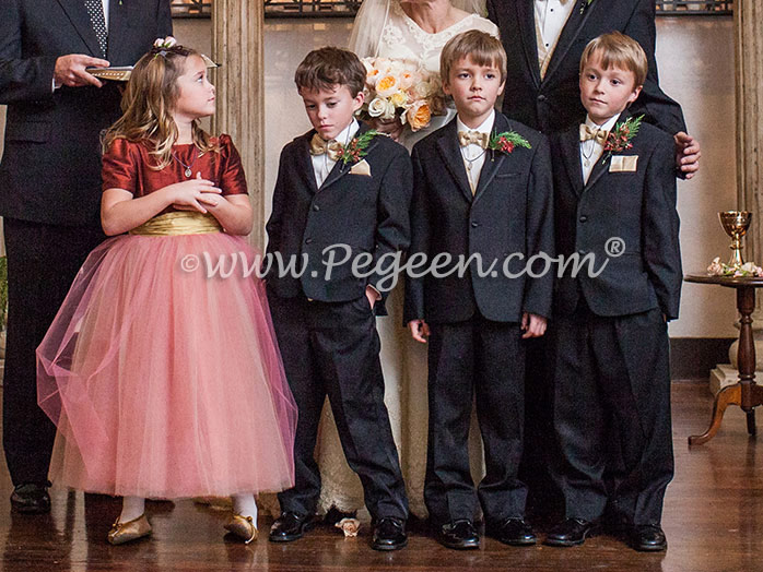 Mountain Fall Silk & Tulle with Spun Gold sash flower girl dress