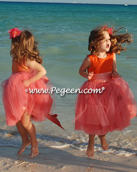 Flower girl dresses 402 in coral and orange shades of tulle and silk