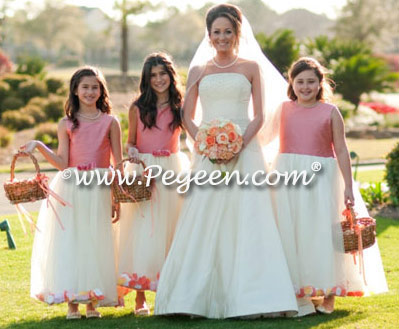 Coral rose and ivory tulle flower girl dresses