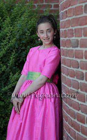 Hot Pink and Green Custom Bat Mitzvah Dress with 3/4 sleeves