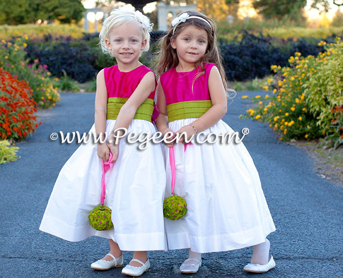 Raspberry pink and Grass green SILK FLOWER GIRL DRESSES