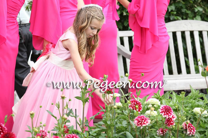 Matching flower girl dress and ring bearer suit in shades of pink and gray silk