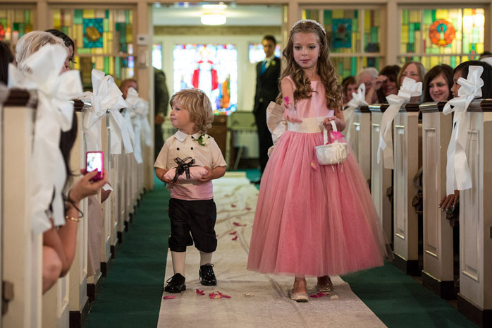 Couture Flower girl dress and pageboy suit in bubblegum pink and gray | Pegeen