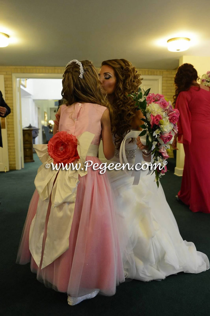 Matching flower girl dress and ring bearer suit in shades of pink and gray silk