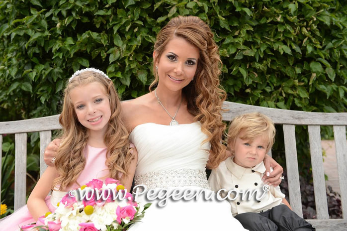 Matching flower girl dress and ring bearer suit in shades of pink and gray silk